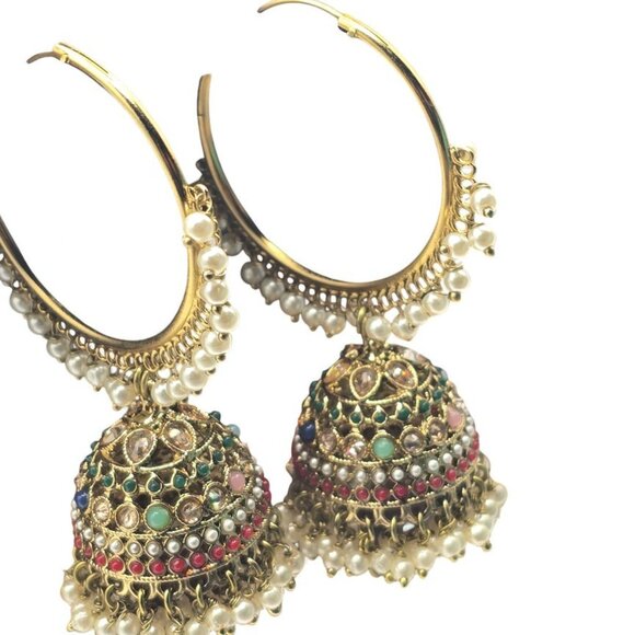 Traditional Multicolor Kundan Pearl Hoop Jhumka Earrings - Picture 2 of 3